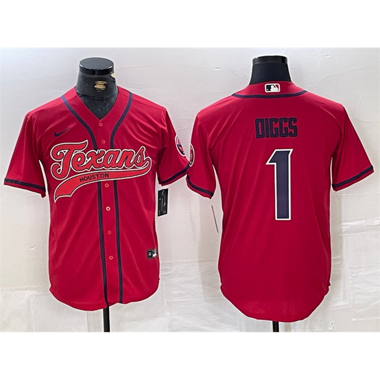 Men's Houston Texans #1 Stefon Diggs Red With Patch Cool Base Stitched Baseball Jersey 1