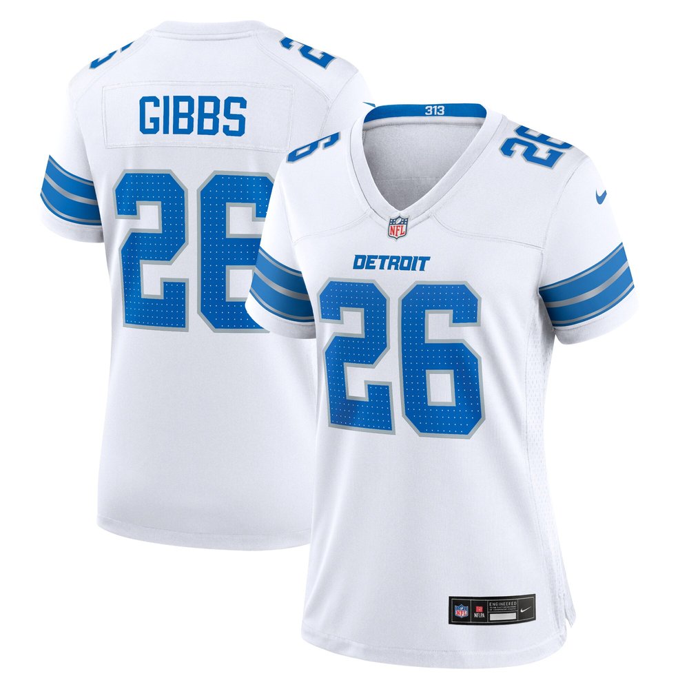Women's Detroit Lions #26 Jahmyr Gibbs White Game Jersey 1