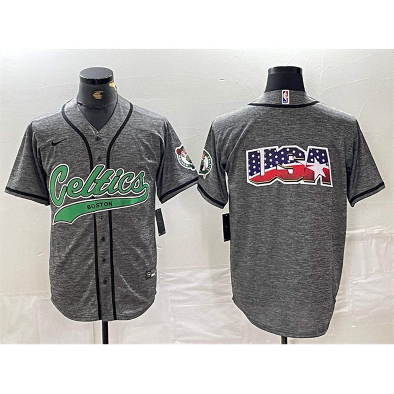 Men's Boston Celtics Gray Team Big Logo With Patch Stitched Baseball Jersey 1