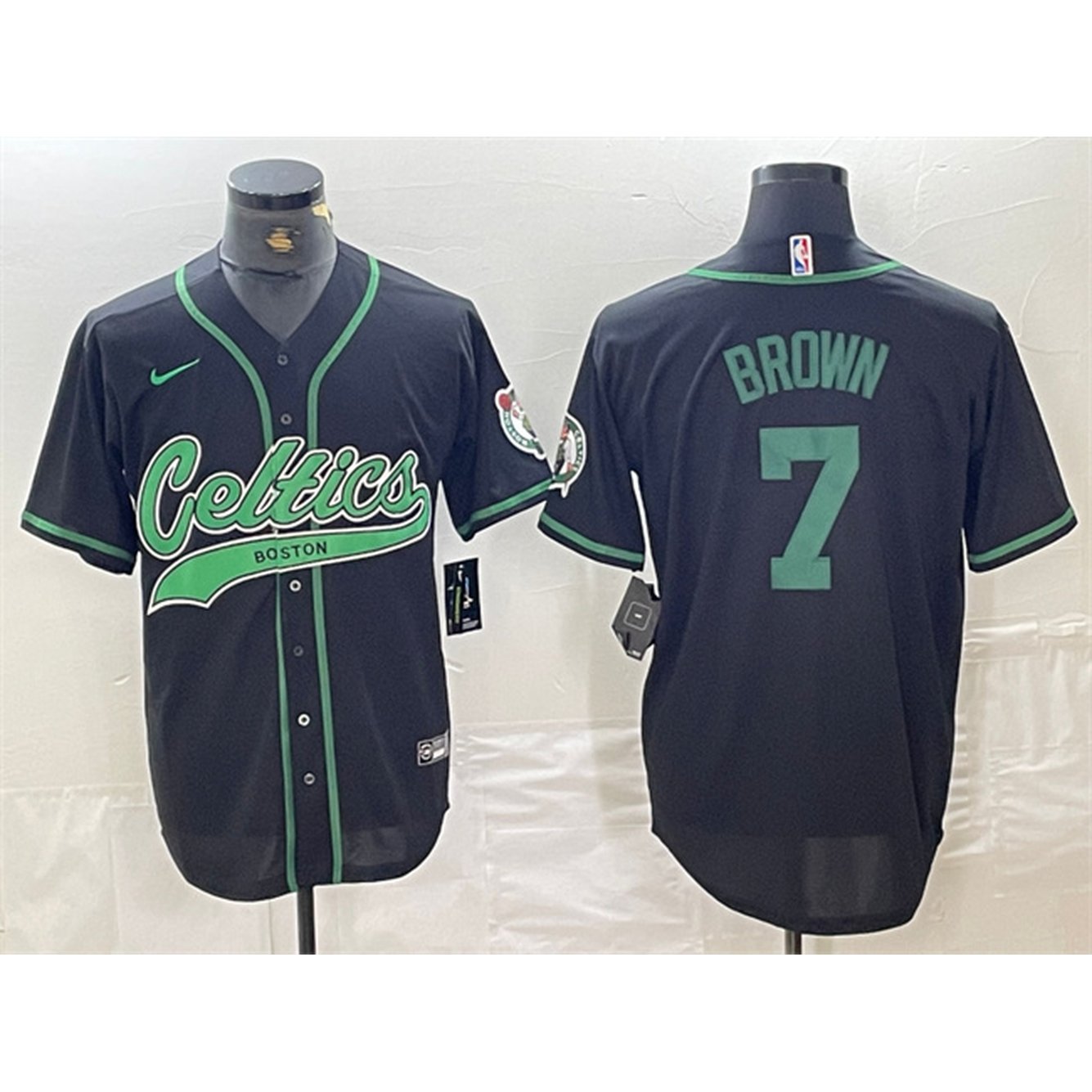 Men's Boston Celtics #7 Jaylen Brown Black With Patch Stitched Baseball Jersey 1