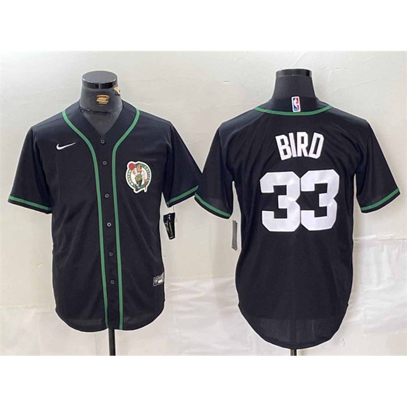 Men's Boston Celtics #33 Larry Bird Black With Patch Stitched Baseball Jersey 1