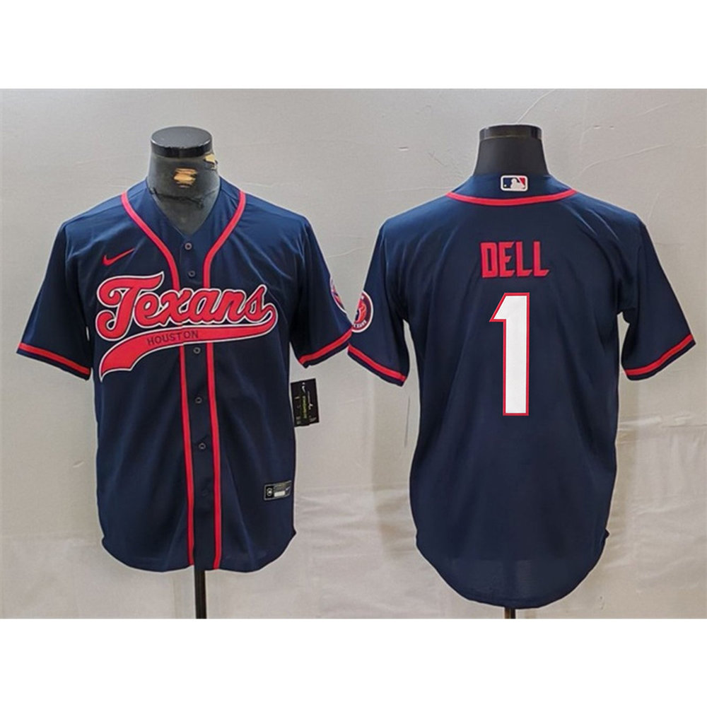 Men's Houston Texans #1 Tank Dell Navy With Patch Cool Base Stitched Baseball Jersey 1