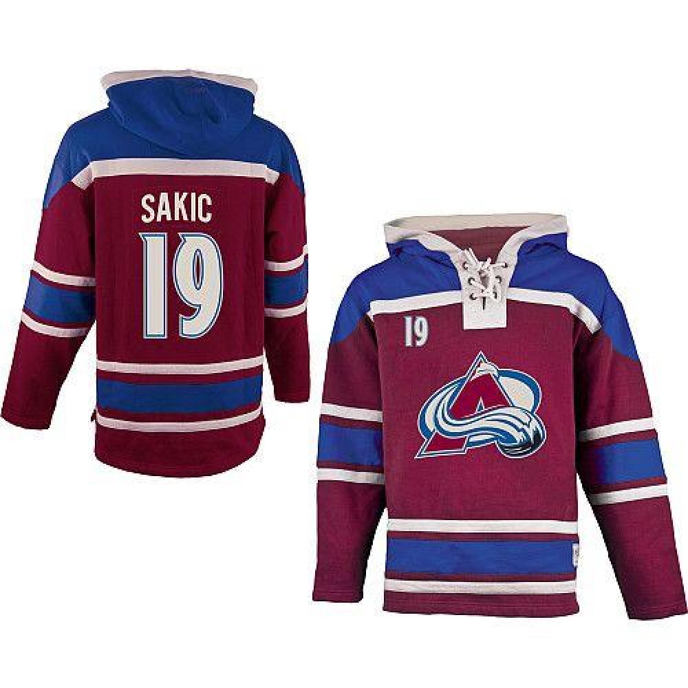 Avalanche #19 Joe Sakic Red Sawyer Hooded Sweatshirt Stitched NHL Jersey 1
