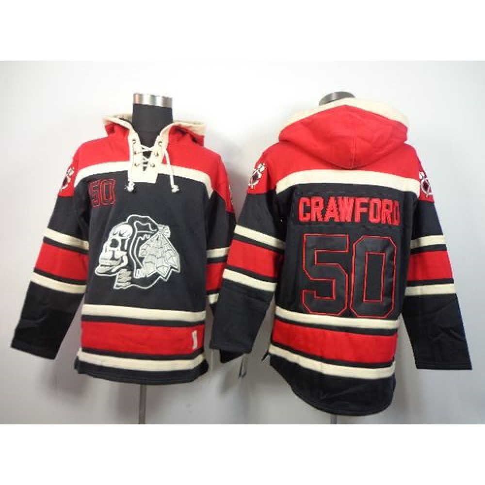 Blackhawks #50 Corey Crawford Black Sawyer Hooded Sweatshirt Stitched NHL Jersey 1