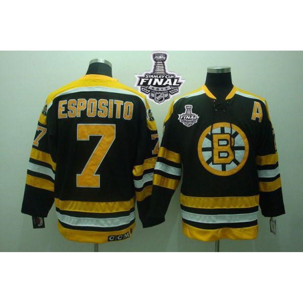 Bruins Stanley Cup Finals Patch #7 Phil Esposito Stitched Black CCM Throwback NHL Jersey 1