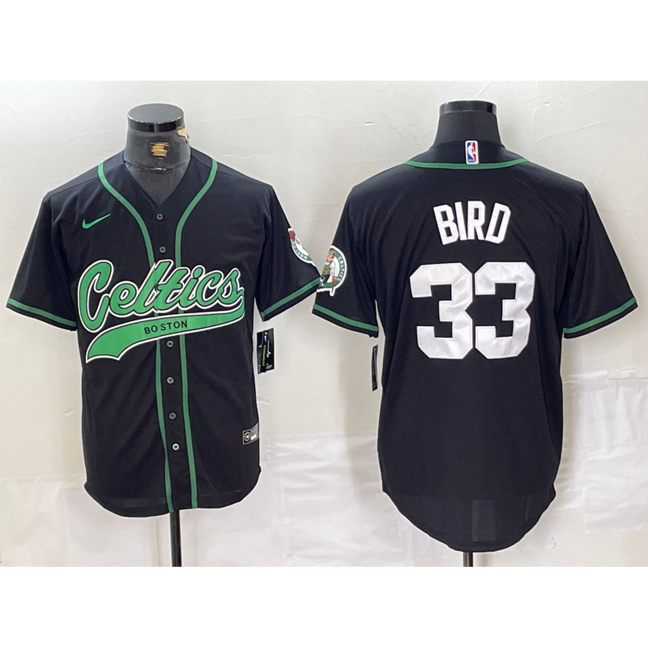 Men's Boston Celtics #33 Larry Bird Black With Patch Stitched Baseball Jersey 1
