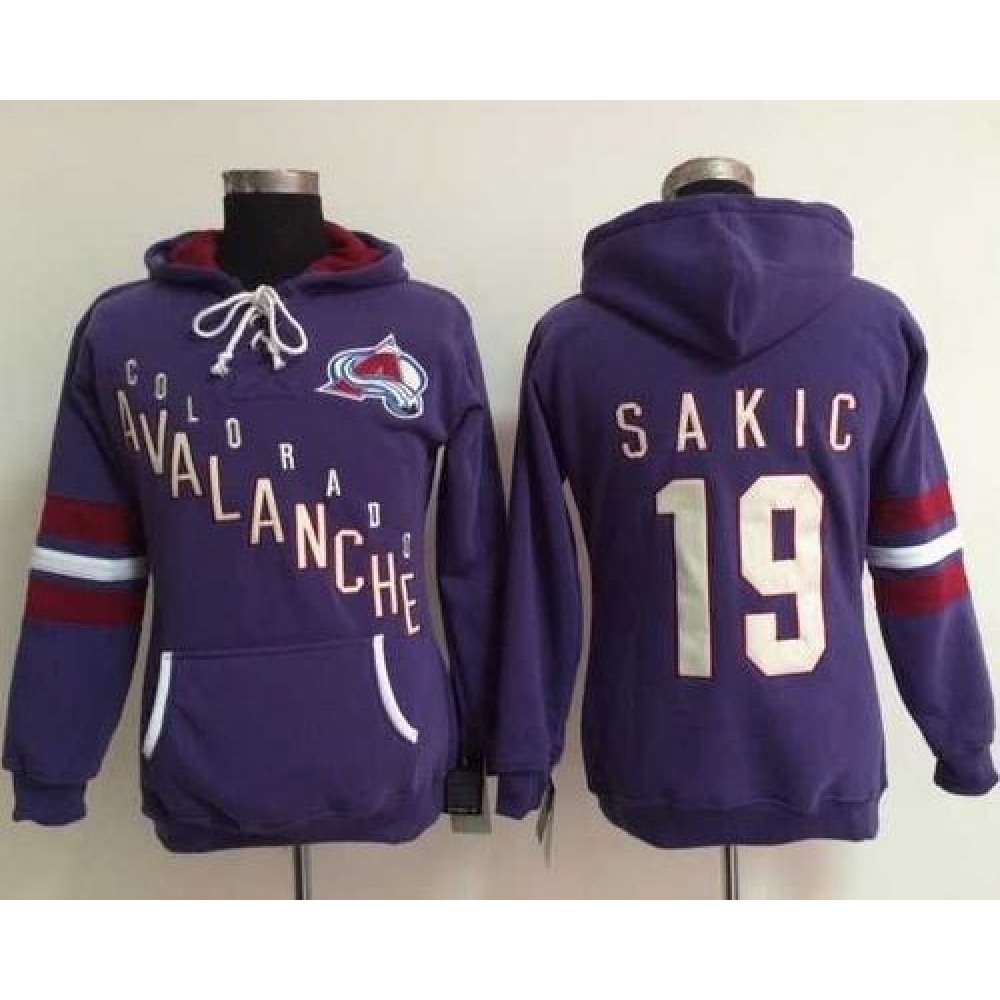 Colorado Avalanche #19 Joe Sakic Purple Women's Old Time Heidi NHL Hoodie 1