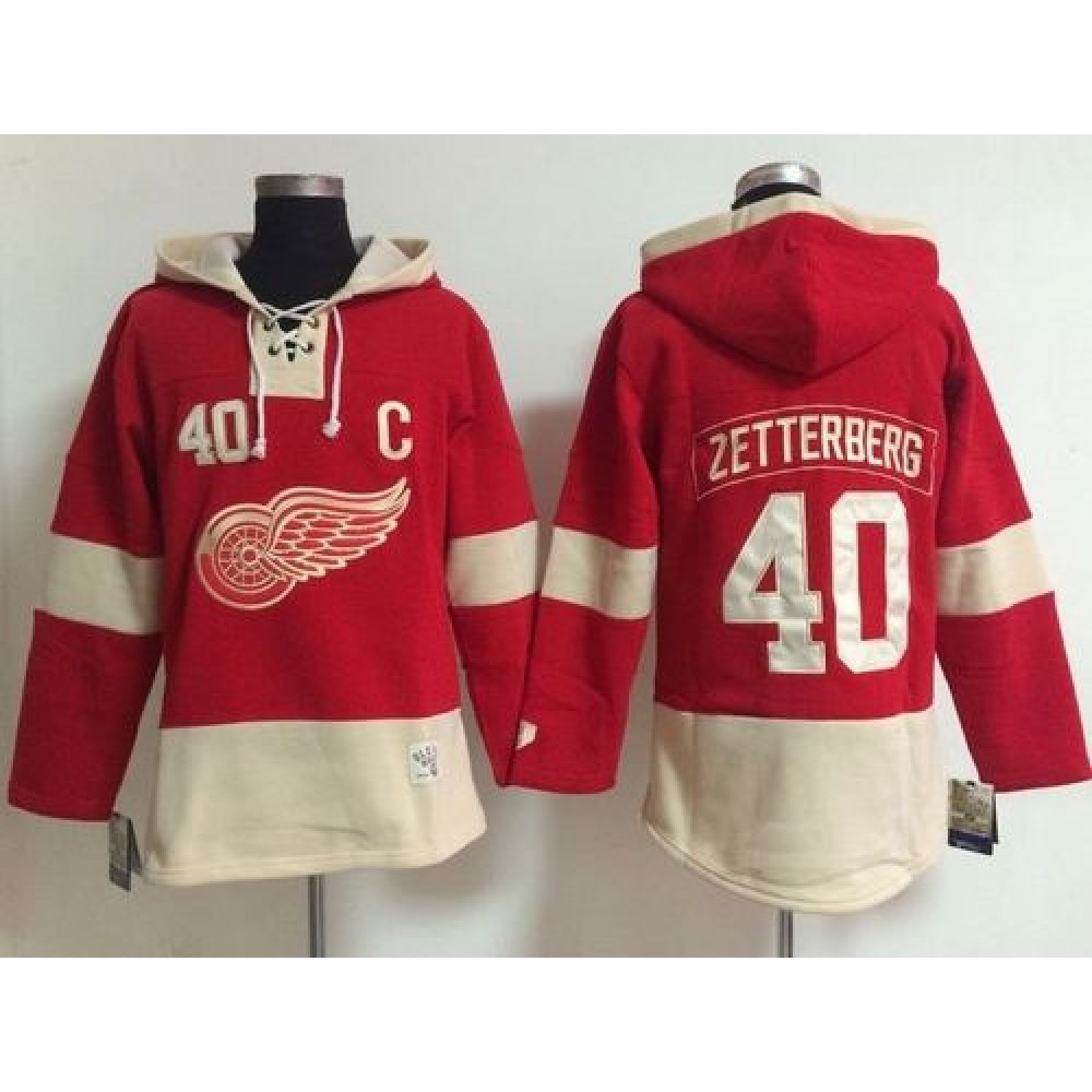 Detroit Red Wings #40 Henrik Zetterberg Red Women's Old Time Lacer NHL Hoodie 1