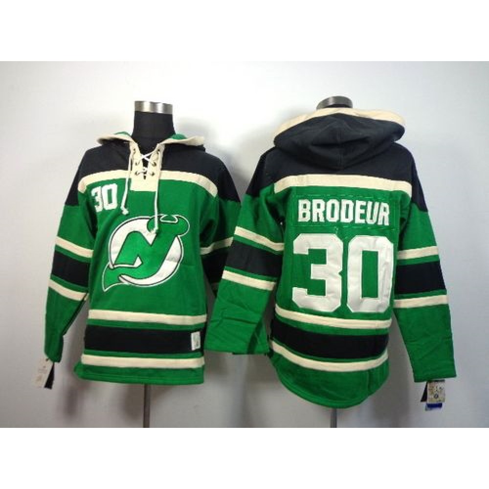 Devils #30 Martin Brodeur Green St. Patrick's Day McNary Lace Hoodie Stitched NHL Jersey 1