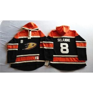 Ducks #8 Teemu Selanne Black Sawyer Hooded Sweatshirt Stitched NHL Jersey