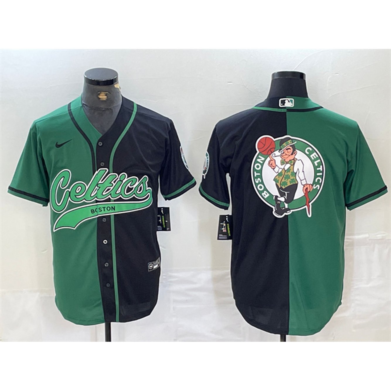 Men's Boston Celtics Team Big Logo With Patch Green/Black Split Stitched Baseball Jersey 1