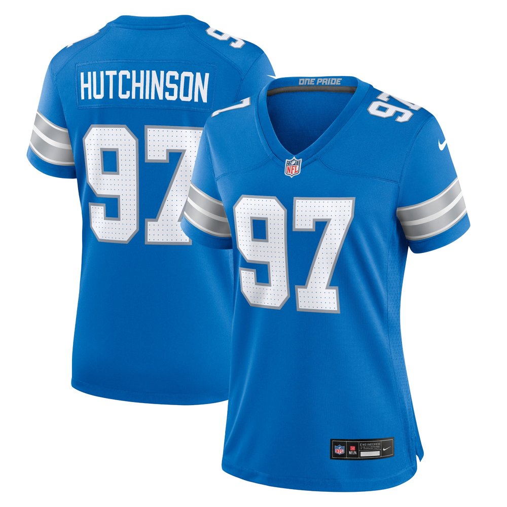 Women's Detroit Lions #97 Aidan Hutchinson Blue Game Jersey 1