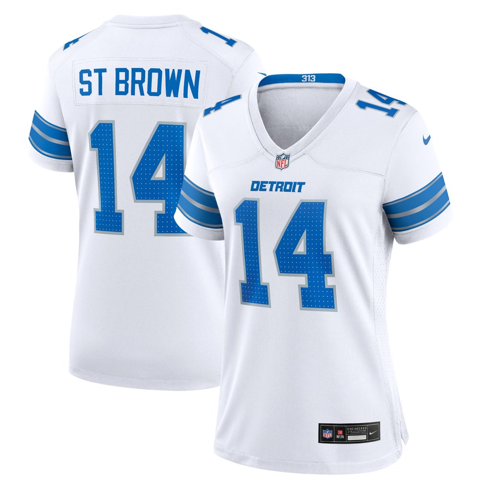 Women's Detroit Lions #14 Amon-Ra St. Brown White White Game Jersey 1