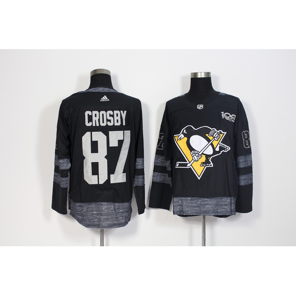 Men's Pittsburgh Penguins #87 Sidney Crosby Black 1917-2017 100th Anniversary Stitched NHL Jersey 1
