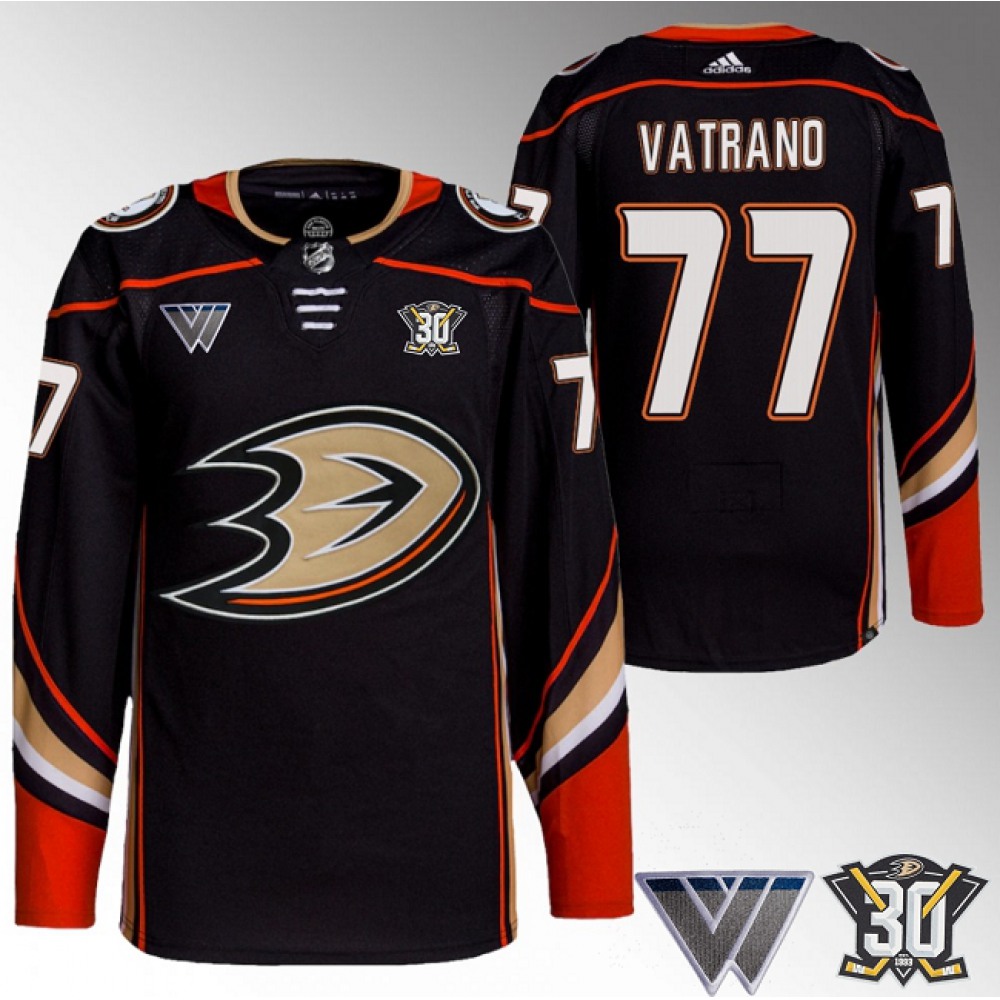 Men's Anaheim Ducks #77 Frank Vatrano Black 30th Anniversary Stitched Jersey 1