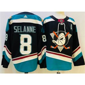 Men's Anaheim Ducks #8 Teemu Selanne Black/Teal Stitched Jersey