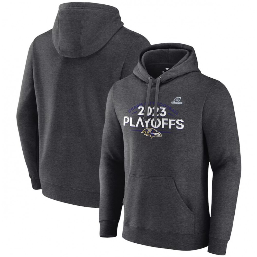 Men's Baltimore Ravens Heather Charcoal 2023 Playoffs Fleece Pullover Hoodie 1