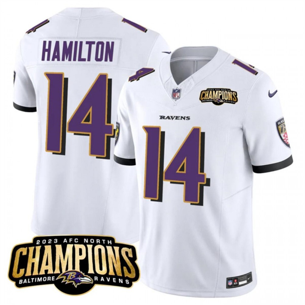 Men's Baltimore Ravens #14 Kyle Hamilton White 2023 F.U.S.E. AFC North Champions Vapor Limited Football Jersey 1