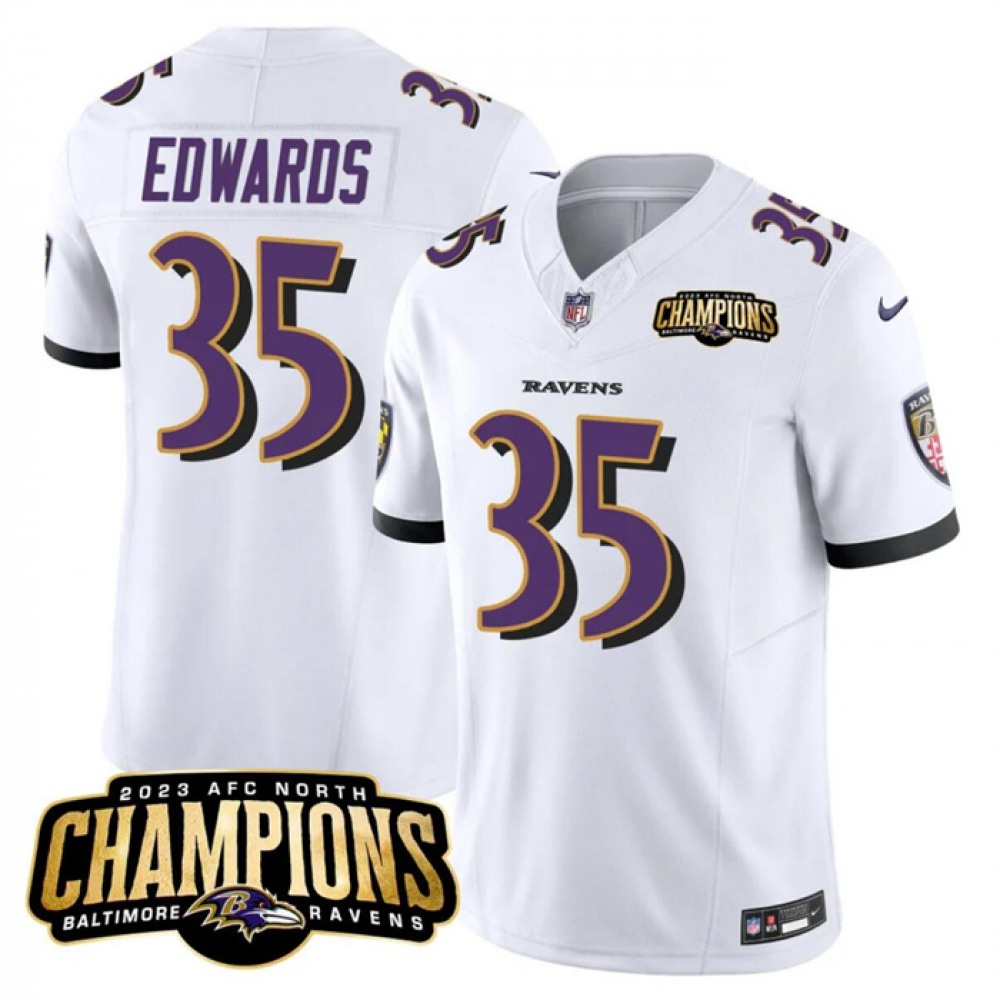 Men's Baltimore Ravens #35 Gus Edwards White 2023 F.U.S.E. AFC North Champions Vapor Limited Football Jersey 1