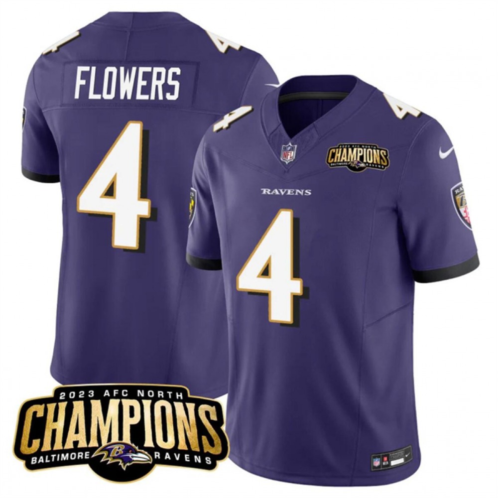 Men's Baltimore Ravens #4 Zay Flowers Purple 2023 F.U.S.E. AFC North Champions Vapor Limited Football Jersey 1