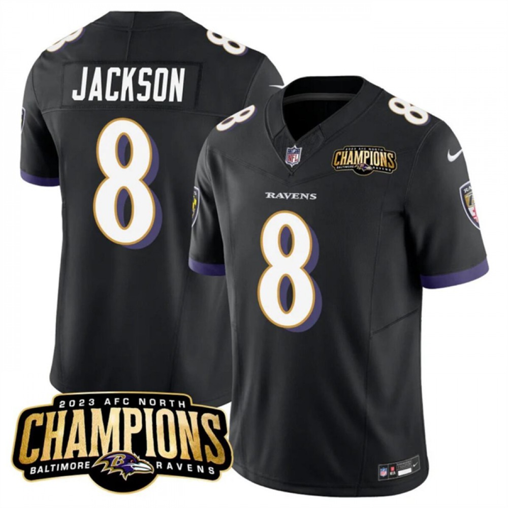 Men's Baltimore Ravens #8 Lamar Jackson Black 2023 F.U.S.E. AFC North Champions Vapor Limited Football Jersey 1