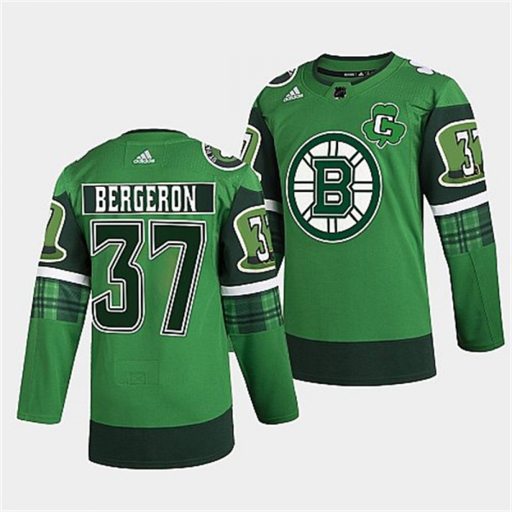 Men's Boston Bruins #37 Patrice Bergeron 2022 Green St Patricks Day Warm-Up Stitched Jersey 1