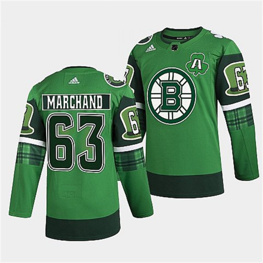 Men's Boston Bruins #63 Brad Marchand 2022 Green St Patricks Day Warm-Up Stitched Jersey 1