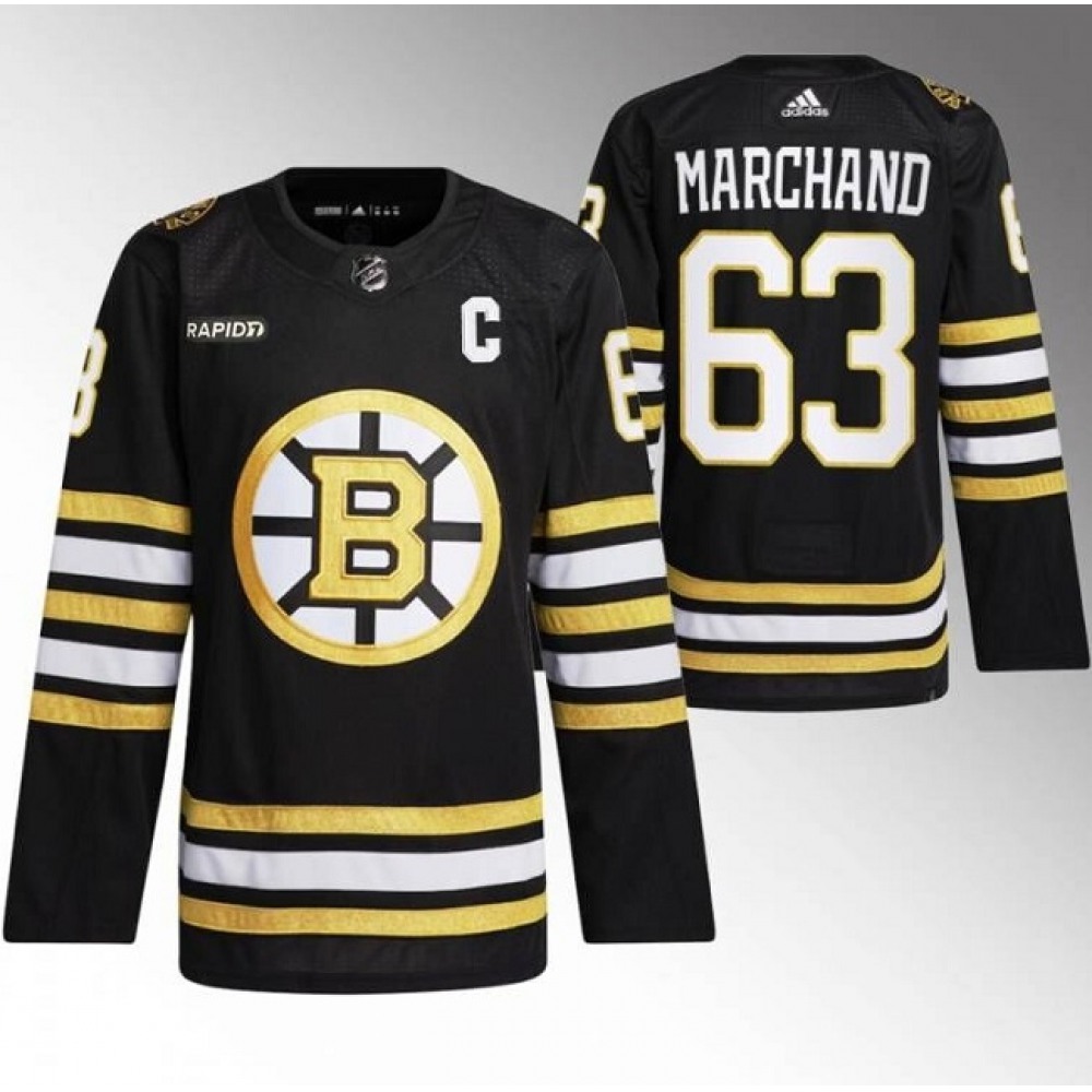 Men's Boston Bruins #63 Brad Marchand Black With Rapid7 Patch 100th Anniversary Stitched Jersey 1