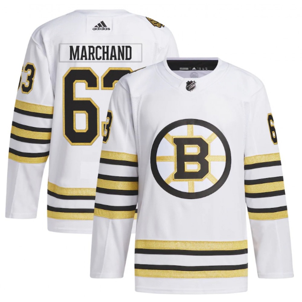 Men's Boston Bruins #63 Brad Marchand White 100th Anniversary Primegreen Stitched Jersey 1