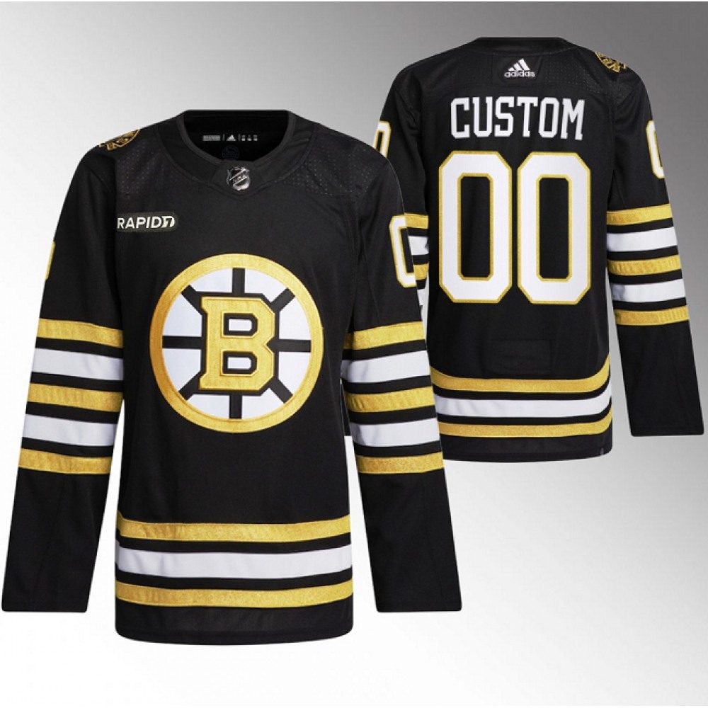 Men's Boston Bruins Custom Black With Rapid7 Patch 100th Anniversary Stitched Jersey 1