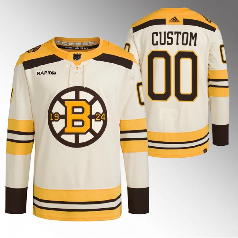 Men's Boston Bruins Custom Cream With Rapid7 Patch 100th Anniversary Stitched Jersey 1