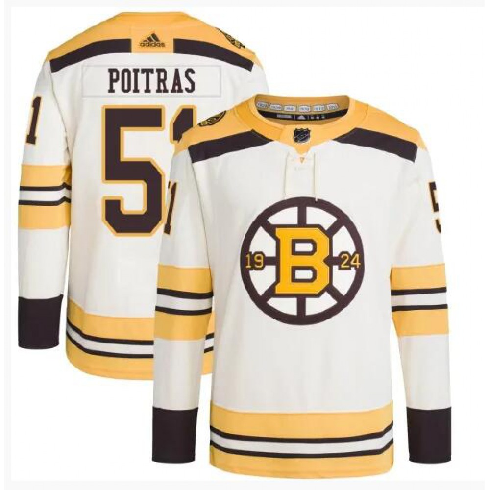 Men's Boston Bruins #51 Matthew Poitras Cream 100th Anniversary Stitched Jersey 1