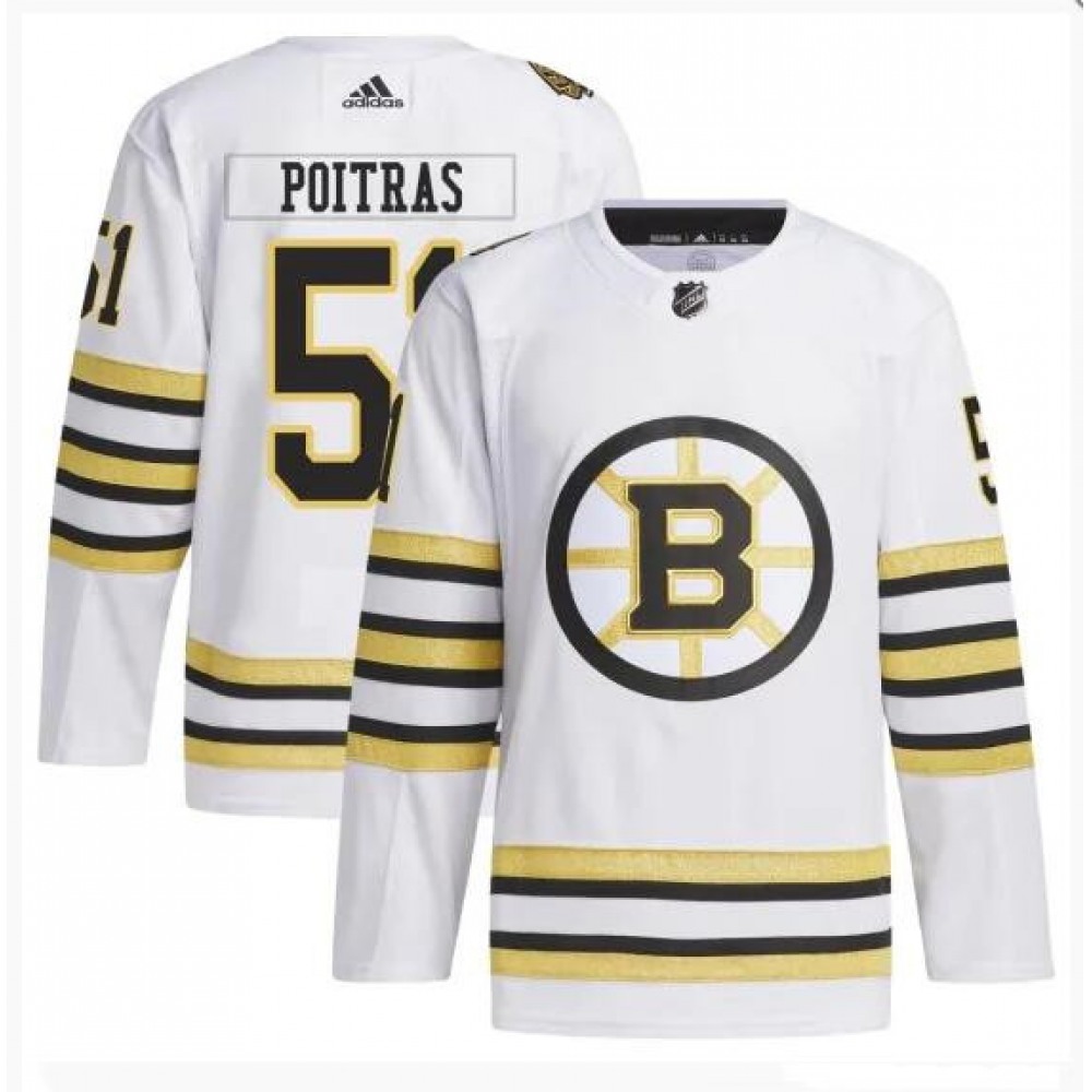 Men's Boston Bruins #51 Matthew Poitras White 100th Anniversary Stitched Jersey 1
