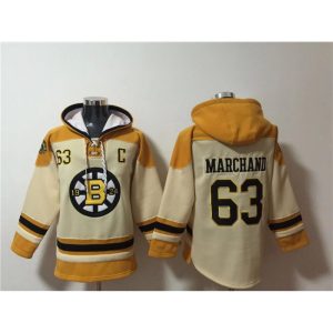 Men's Boston Bruins #63 Brad Marchand Cream Ageless Must-Have Lace-Up Pullover Hoodie