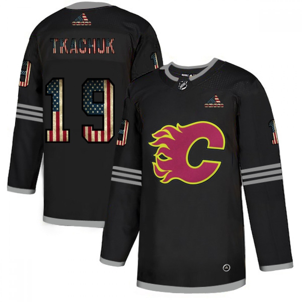 Men's Calgary Flames #19 Matthew Tkachuk 2020 Grey USA Flag Stitched NHL Jersey 1