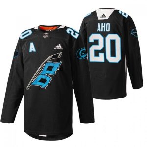 Men's Carolina Hurricanes #20 Sebastian Aho 2022 Black Warm-up Stitched Jersey