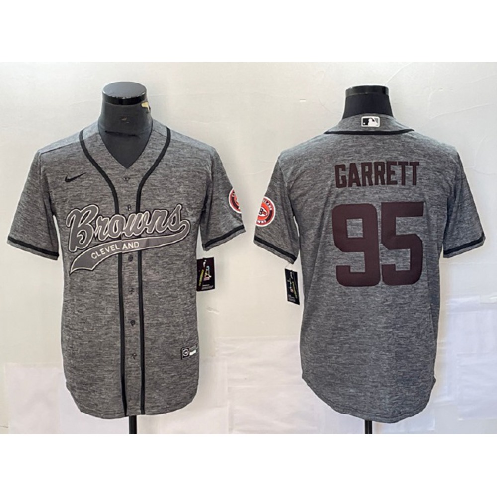 Men's Cleveland Browns #95 Myles Garrett Grey With Patch Cool Base Stitched Baseball Jersey 1