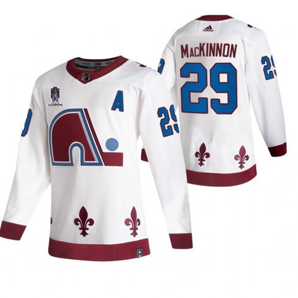 Men's Colorado Avalanche #29 Nathan MacKinnon 2022 White Stanley Cup Champions Patch Stitched Jersey 1