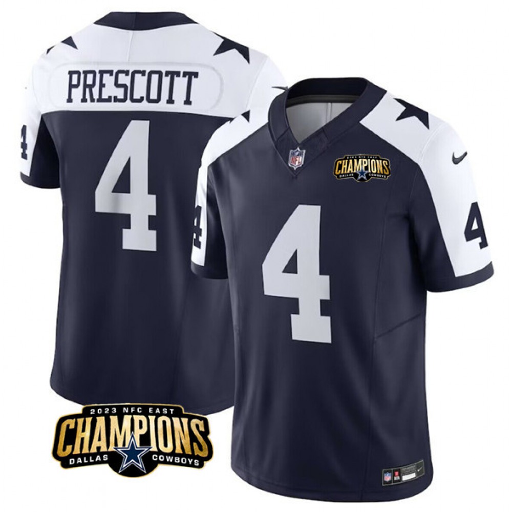 Men's Dallas Cowboys #4 Dak Prescott Navy/White 2023 F.U.S.E. NFC East Champions Patch Stitched Football Jersey 1