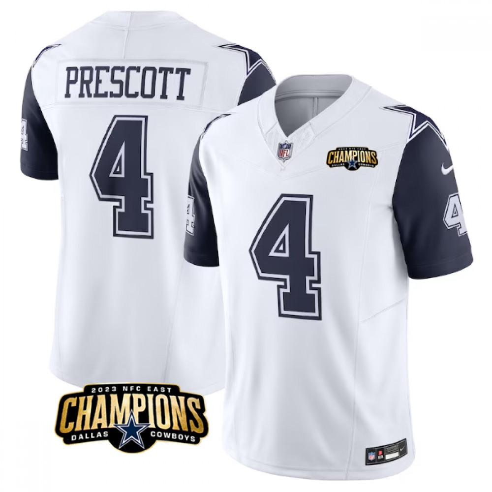 Men's Dallas Cowboys #4 Dak Prescott White/Navy 2023 F.U.S.E. NFC East Champions Patch Stitched Football Jersey 1