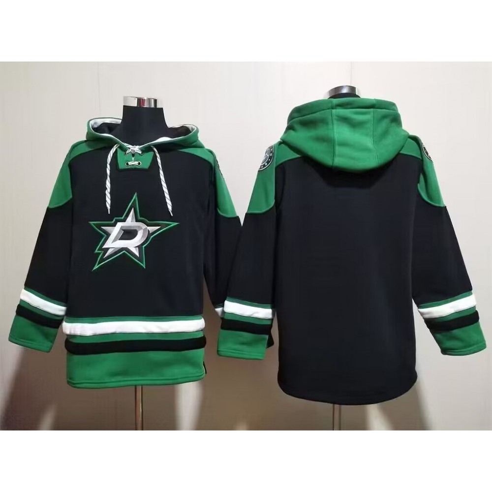 Men's Dallas Stars Blank Black Green Lace-Up Pullover Hoodie 1