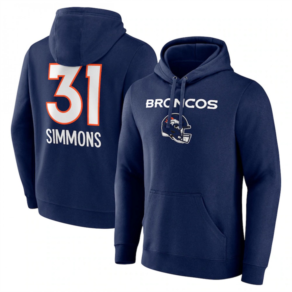Men's Denver Broncos #31 Justin Simmons Navy Team Wordmark Name & Number Pullover Hoodie 1
