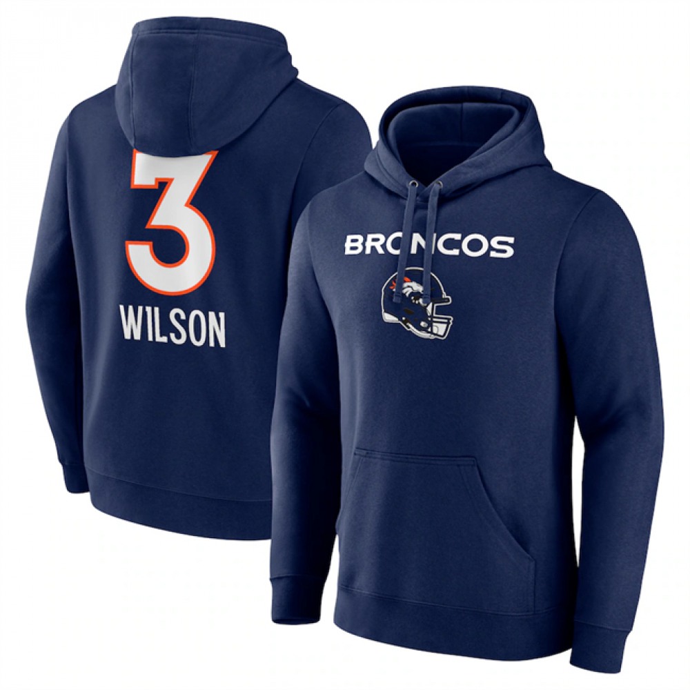 Men's Denver Broncos #3 Russell Wilson Navy Team Wordmark Name & Number Pullover Hoodie 1