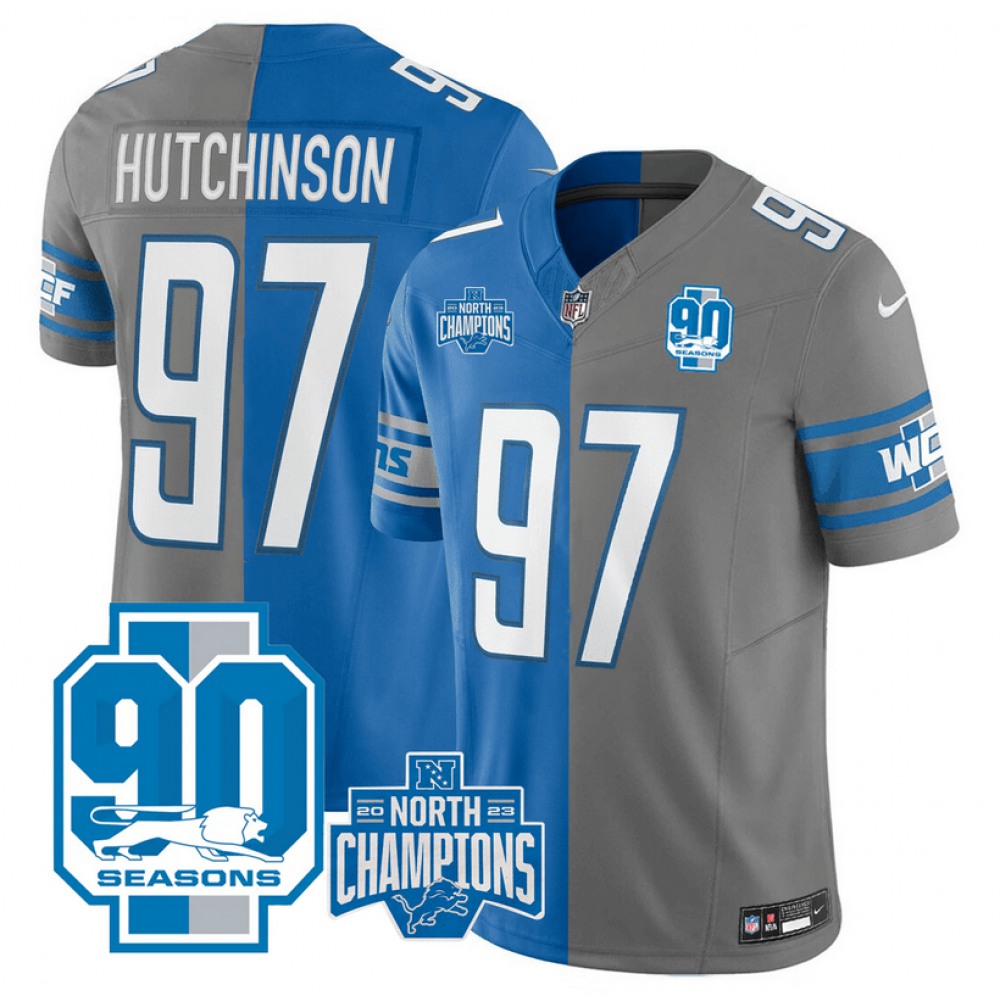 Men's Detroit Lions #97 Aidan Hutchinson Blue/Grey Split 2023 F.U.S.E. 90th Anniversary NFC North Division Champions Vapor Untouchable Limited Stitched Jersey 1
