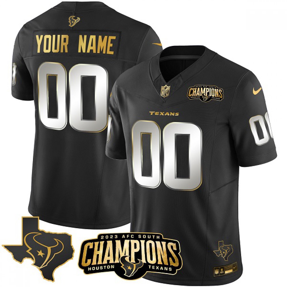 Men's Houston Texans Active Player Custom Black Golden 2023 F.U.S.E. AFC South Champions Patch And Team Logo Patch Limited Stitched Football Jersey 1