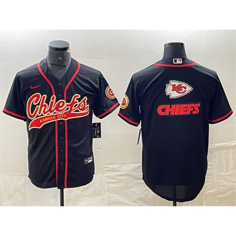 Men's Kansas City Chiefs Black Team Big Logo With Patch Cool Base Stitched Baseball Jersey 1