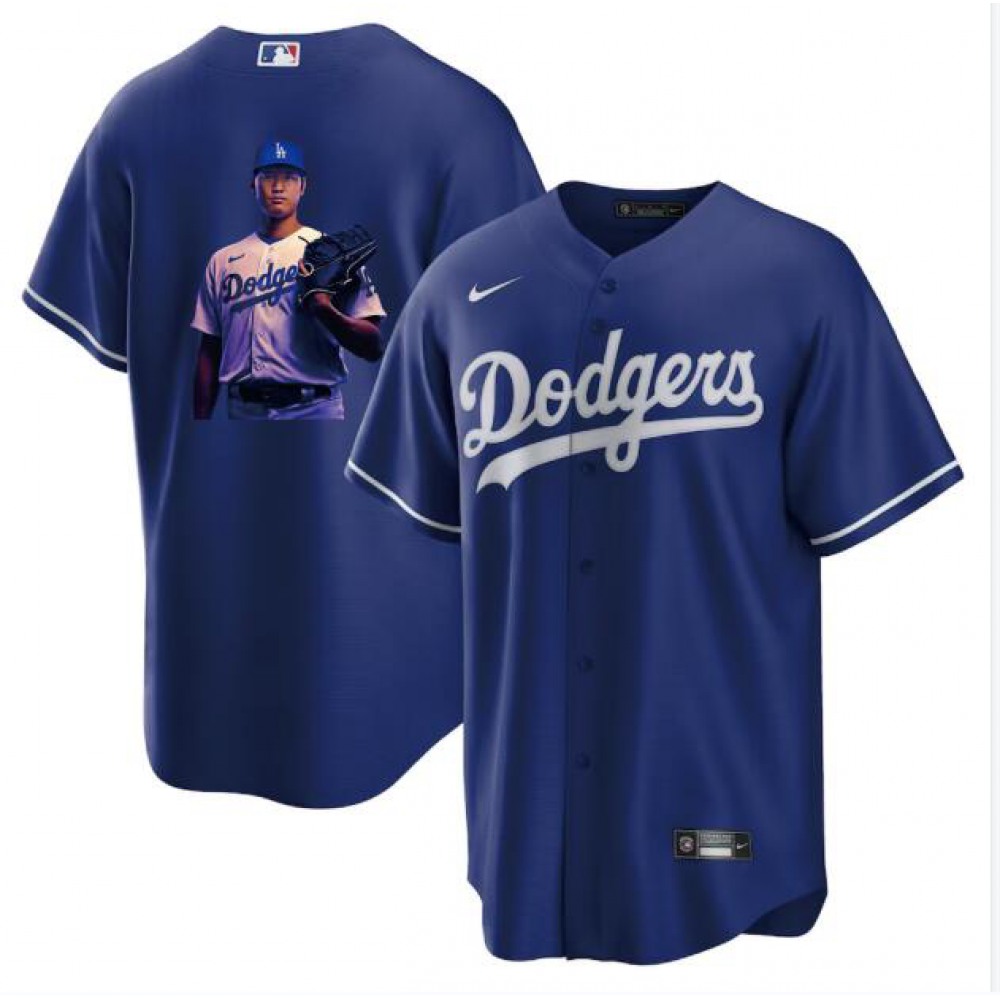 Men's Los Angeles Dodgers #17 Shohei Ohtani Blue Big Logo Cool Base Stitched Jersey 1