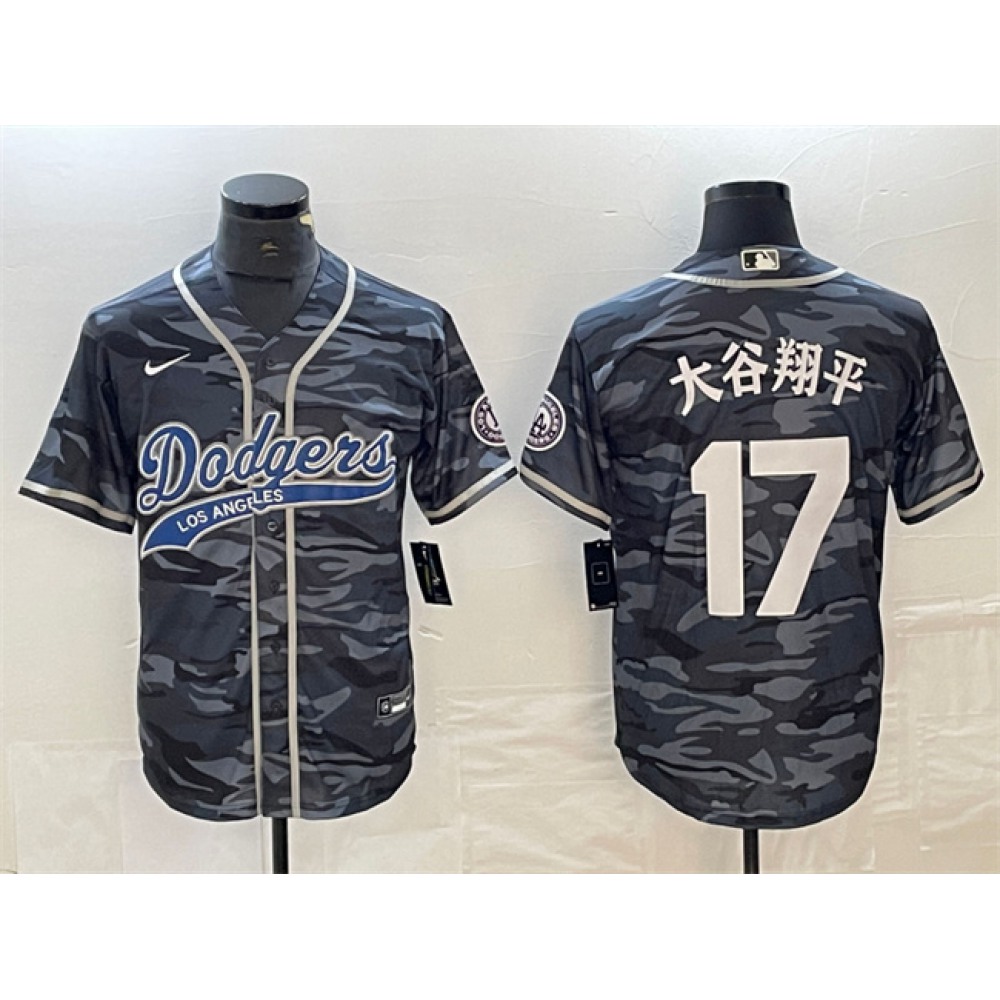 Men's Los Angeles Dodgers #17 Shohei Ohtani Grey Camo Cool Base With Patch Stitched Baseball Jersey 1