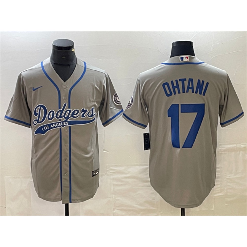 Men's Los Angeles Dodgers #17 Shohei Ohtani Grey Cool Base With Patch Stitched Baseball Jersey 1