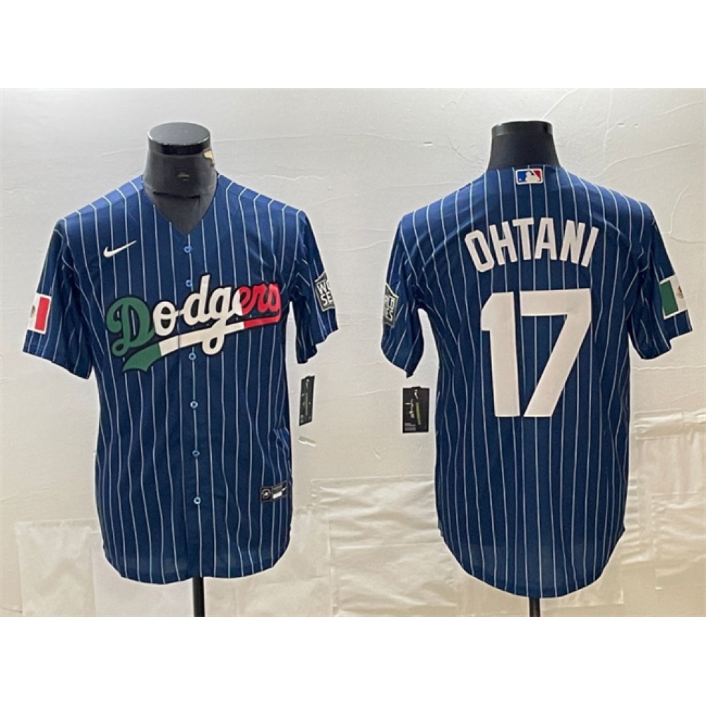 Men's Los Angeles Dodgers #17 Shohei Ohtani Navy Cool Base With Patch Stitched Baseball Jersey 1